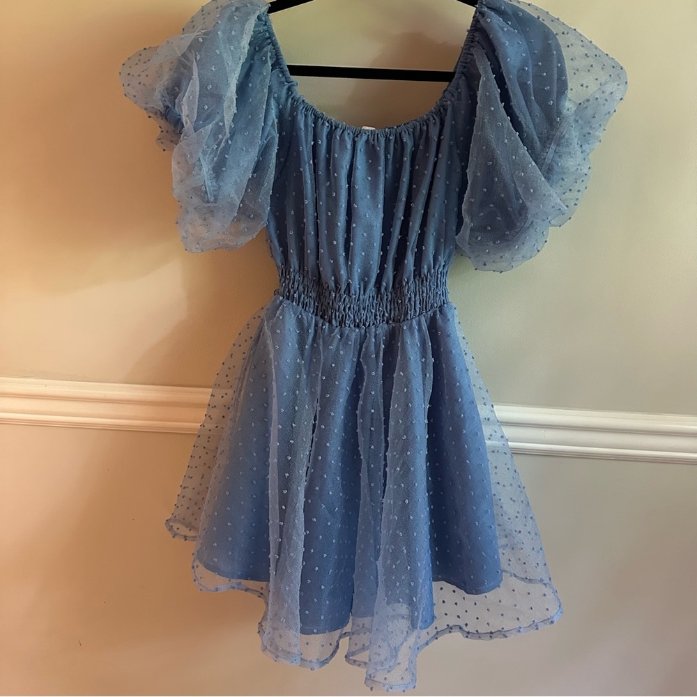 &merci Powder Blue Mesh Dot Bubble Sleeve Flared Mini Dress